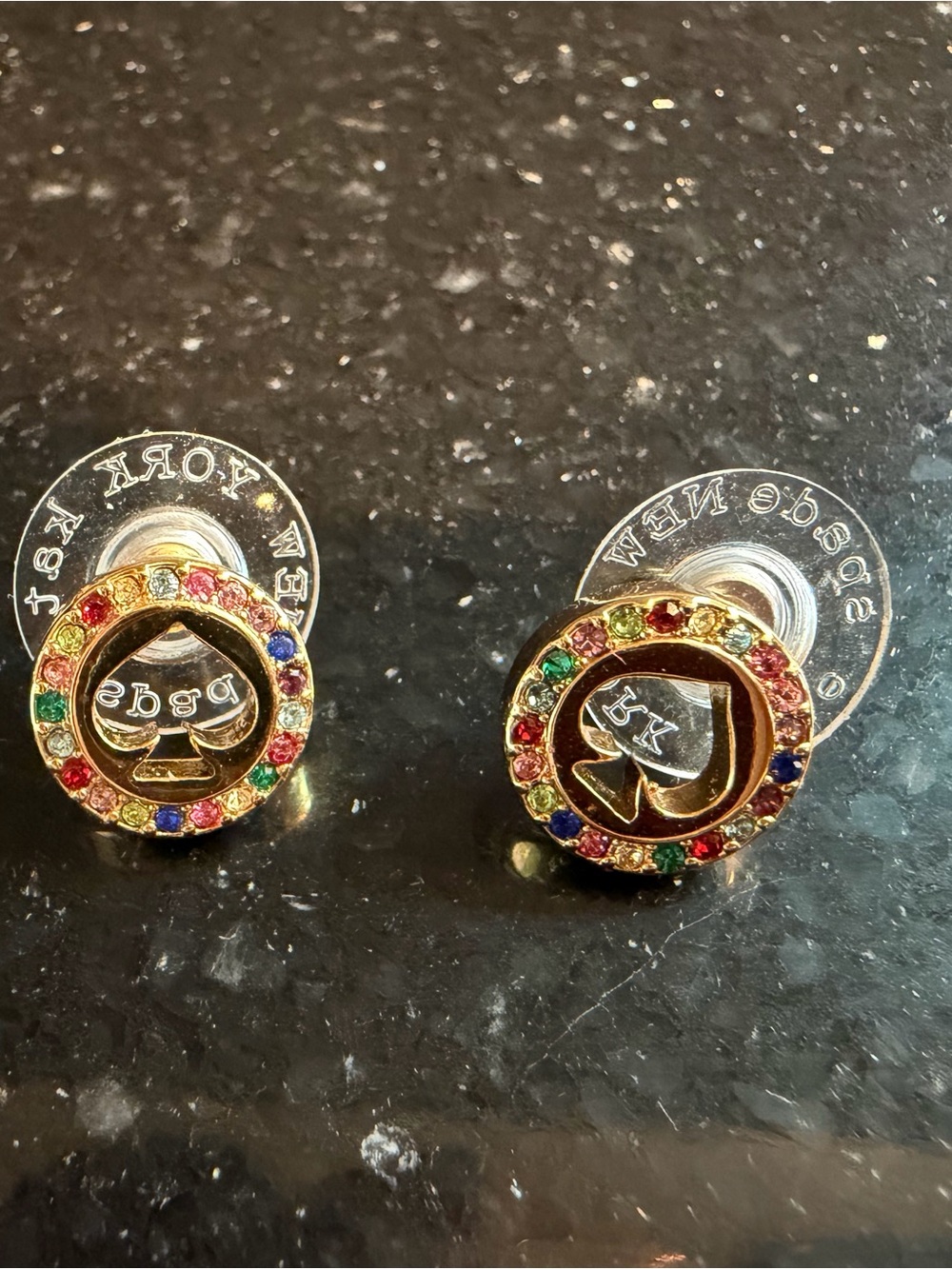 kate spade gold spade stud earrings with rainbow crystals